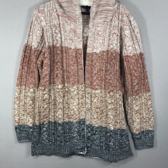 Lety & Me Cardigan Women's Large Brown Colorblock Sweater Knit Hooded Open Front - Picture 2 of 15